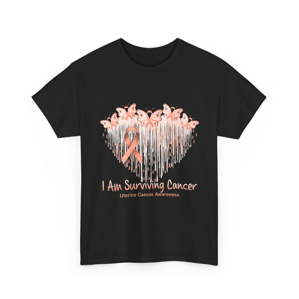 Uterine Cancer Awareness T‑Shirt - "I Am Surviving Cancer" Pink Ribbon Heart Tee