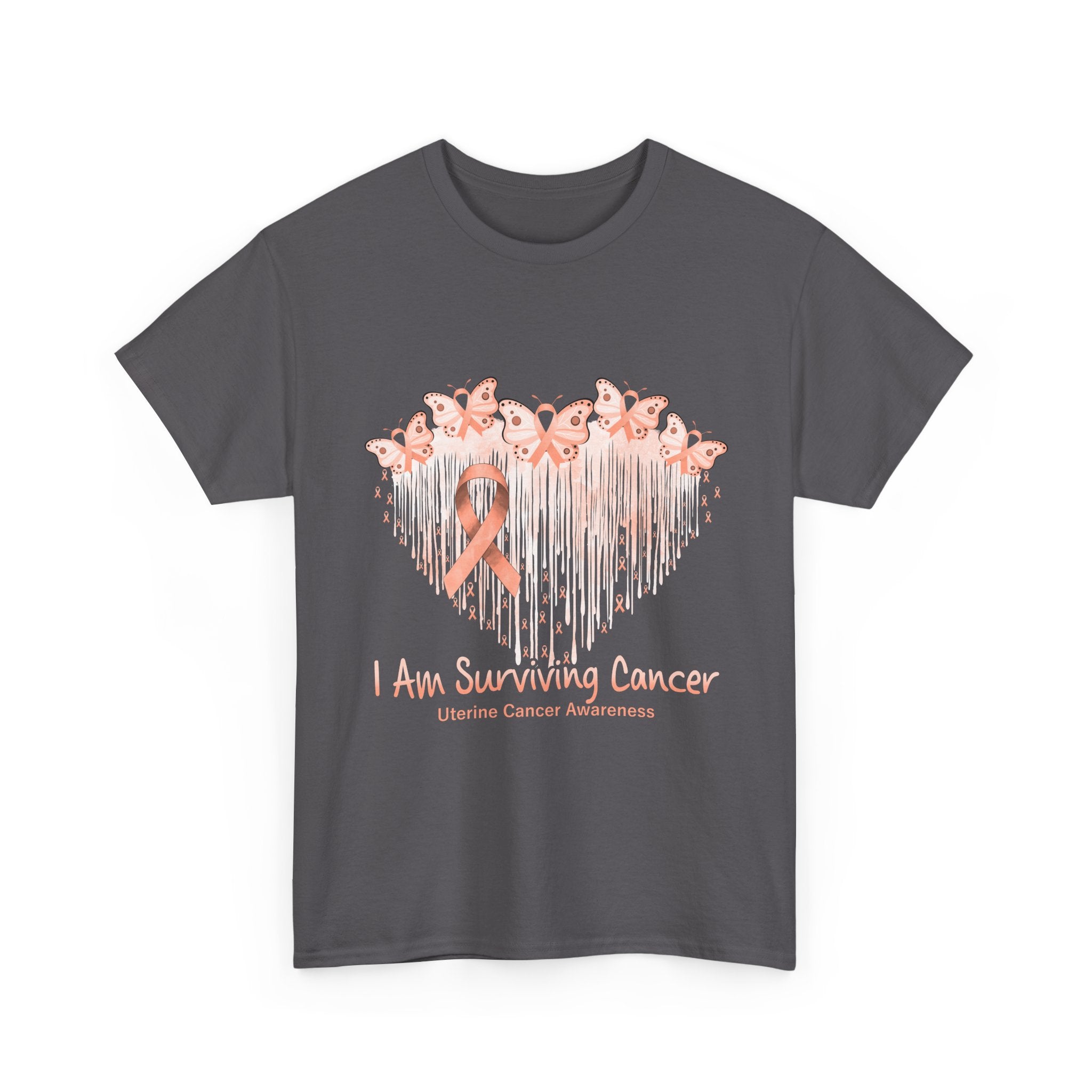 Uterine Cancer Awareness T‑Shirt - "I Am Surviving Cancer" Pink Ribbon Heart Tee