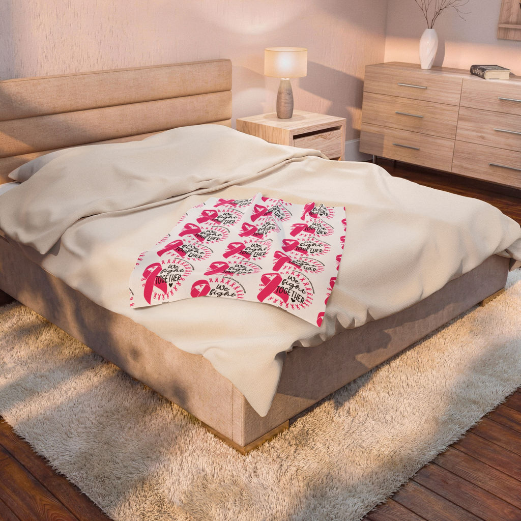 Breast Cancer Awareness Velveteen Plush Blanket – "We Fight Together" Pink Ribbon Throw