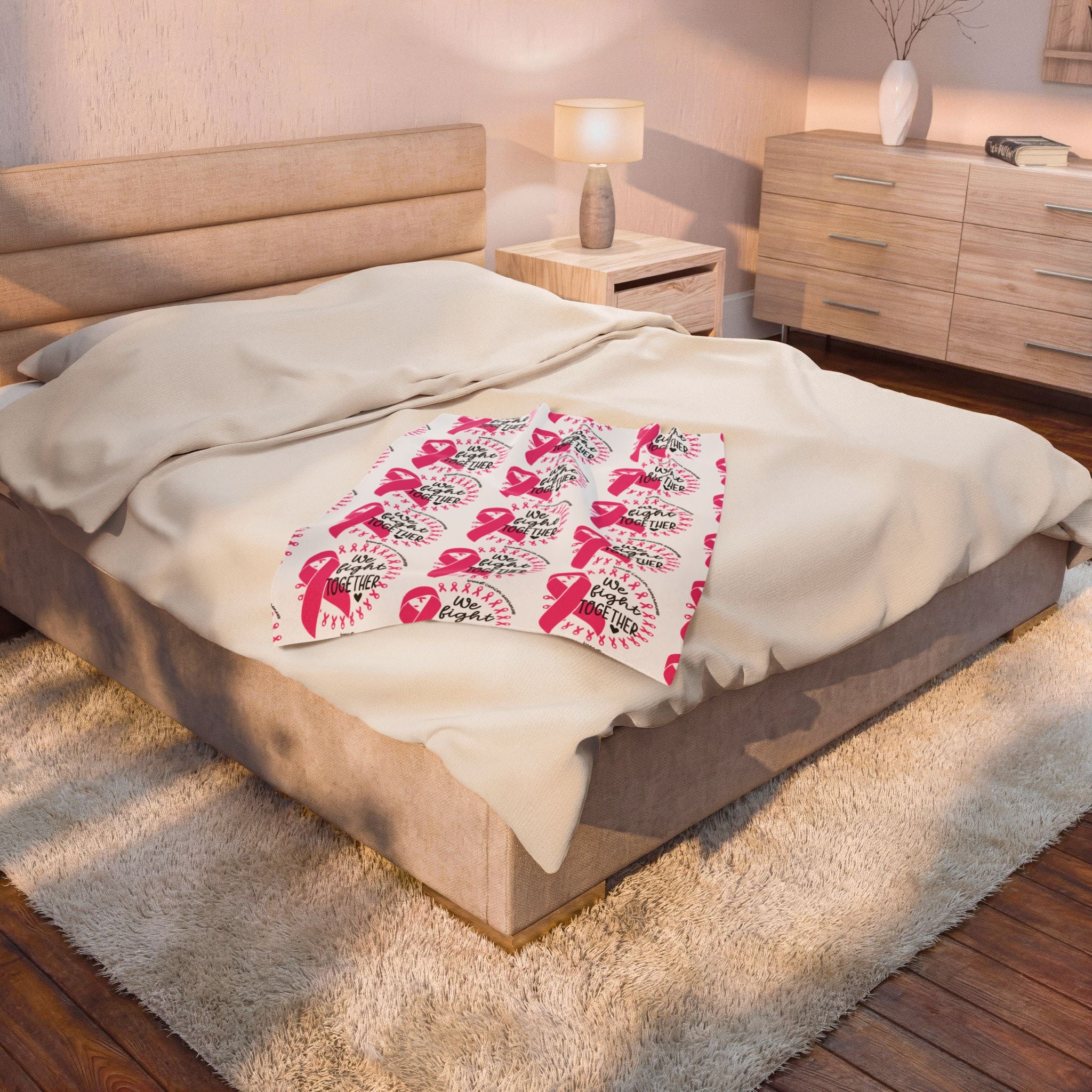Breast Cancer Awareness Velveteen Plush Blanket – "We Fight Together" Pink Ribbon Throw