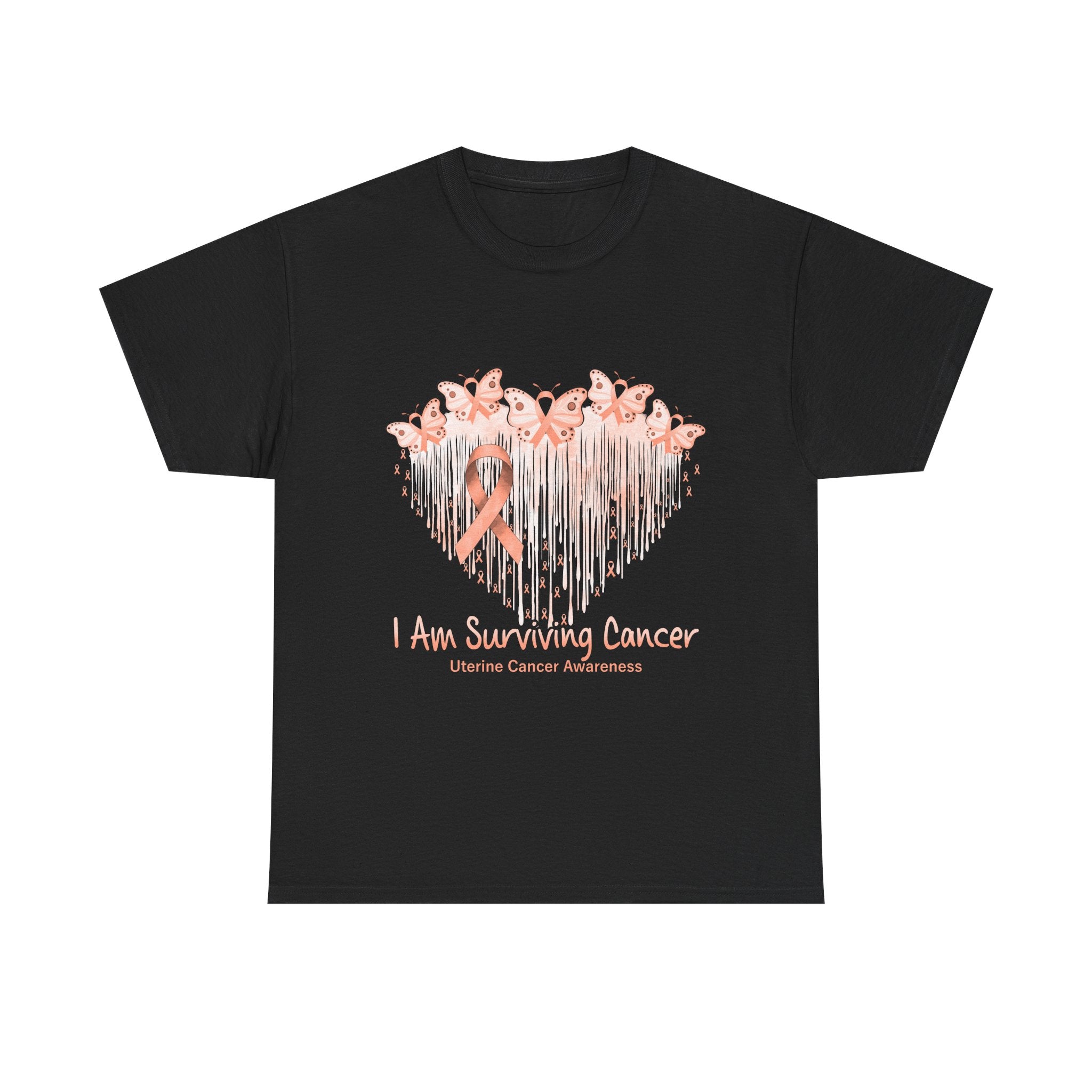 Uterine Cancer Awareness T‑Shirt - "I Am Surviving Cancer" Pink Ribbon Heart Tee