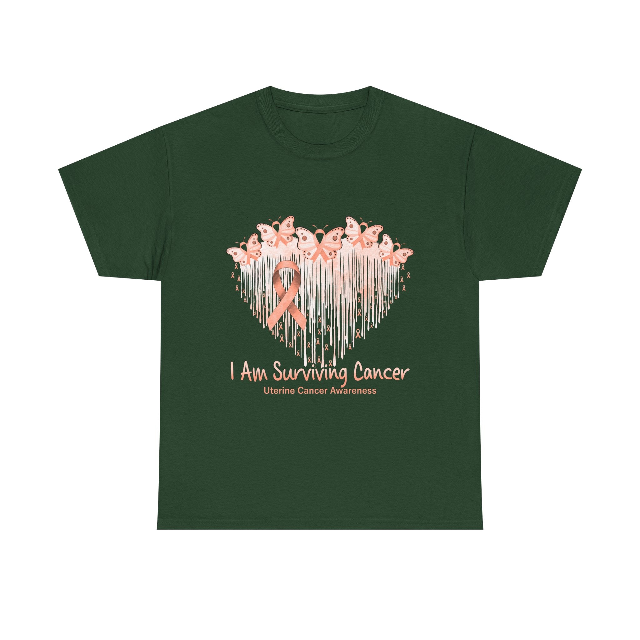 Uterine Cancer Awareness T‑Shirt - "I Am Surviving Cancer" Pink Ribbon Heart Tee