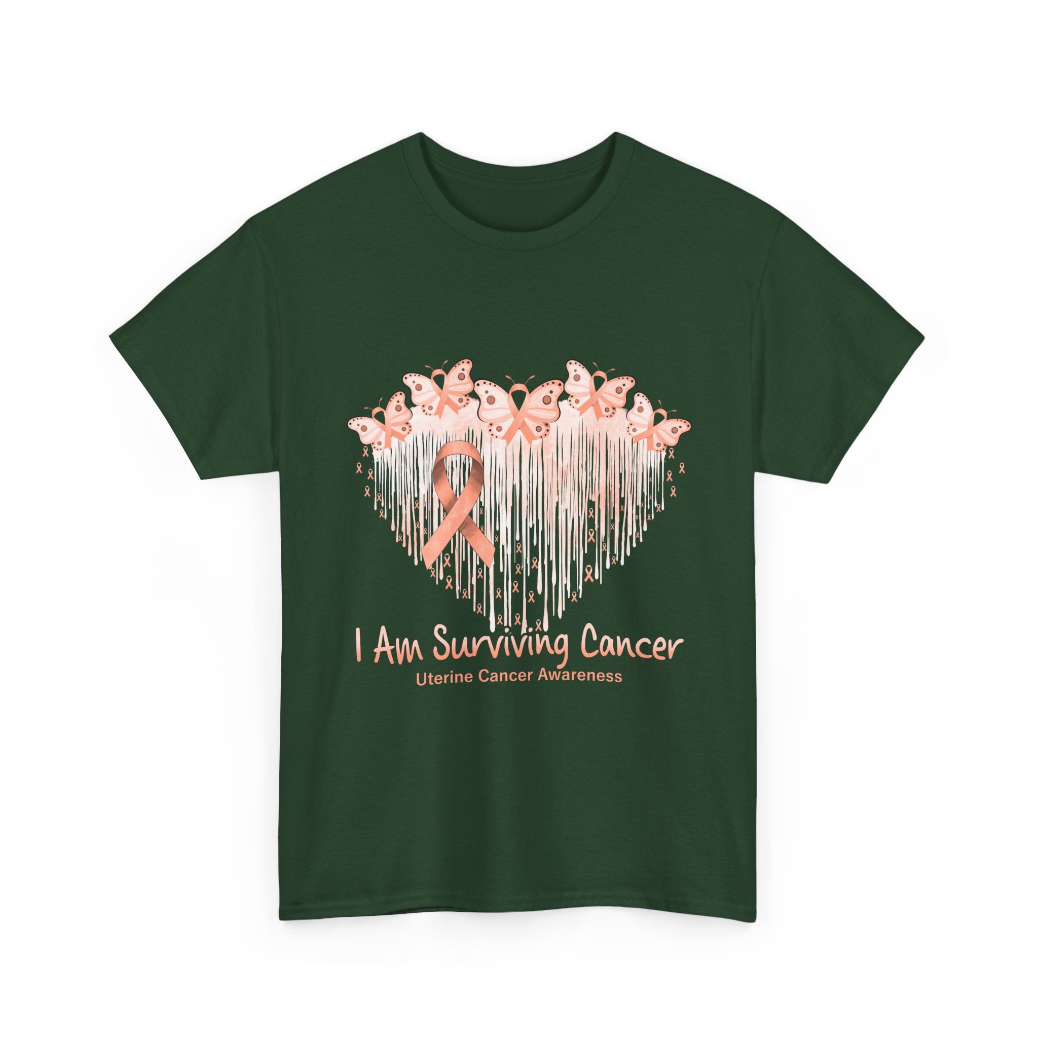 Uterine Cancer Awareness T‑Shirt - "I Am Surviving Cancer" Pink Ribbon Heart Tee