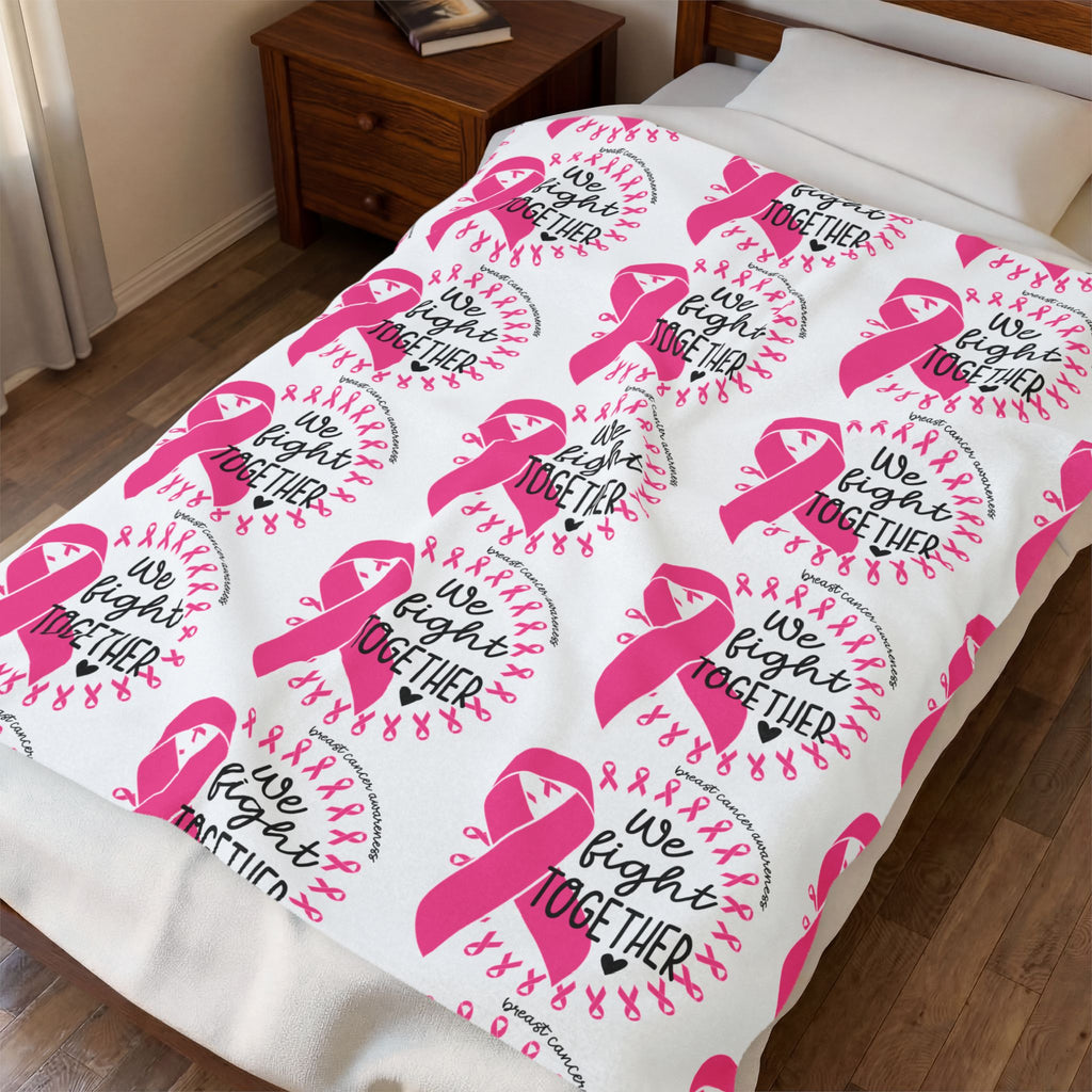 Breast Cancer Awareness Velveteen Plush Blanket – "We Fight Together" Pink Ribbon Throw