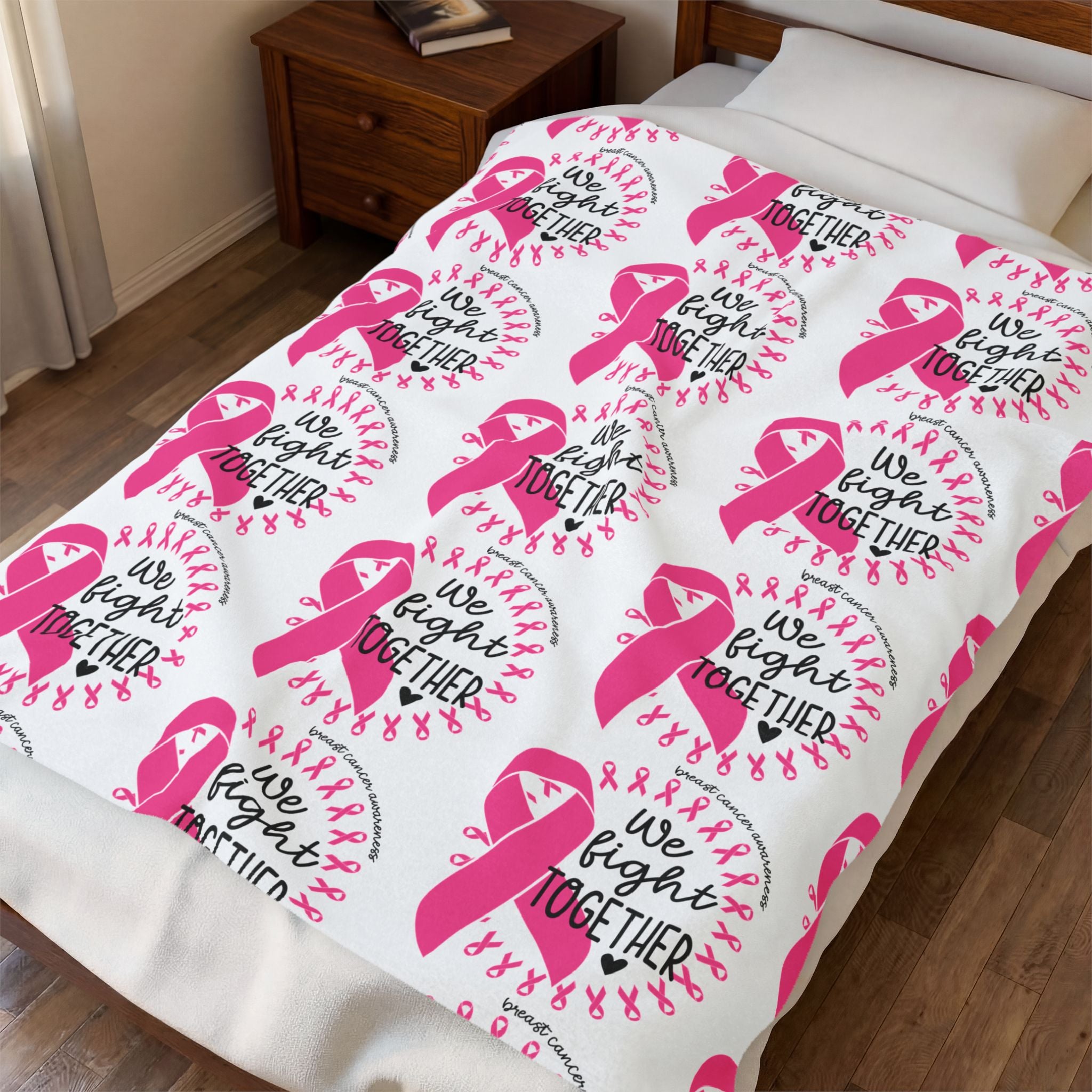 Breast Cancer Awareness Velveteen Plush Blanket – "We Fight Together" Pink Ribbon Throw