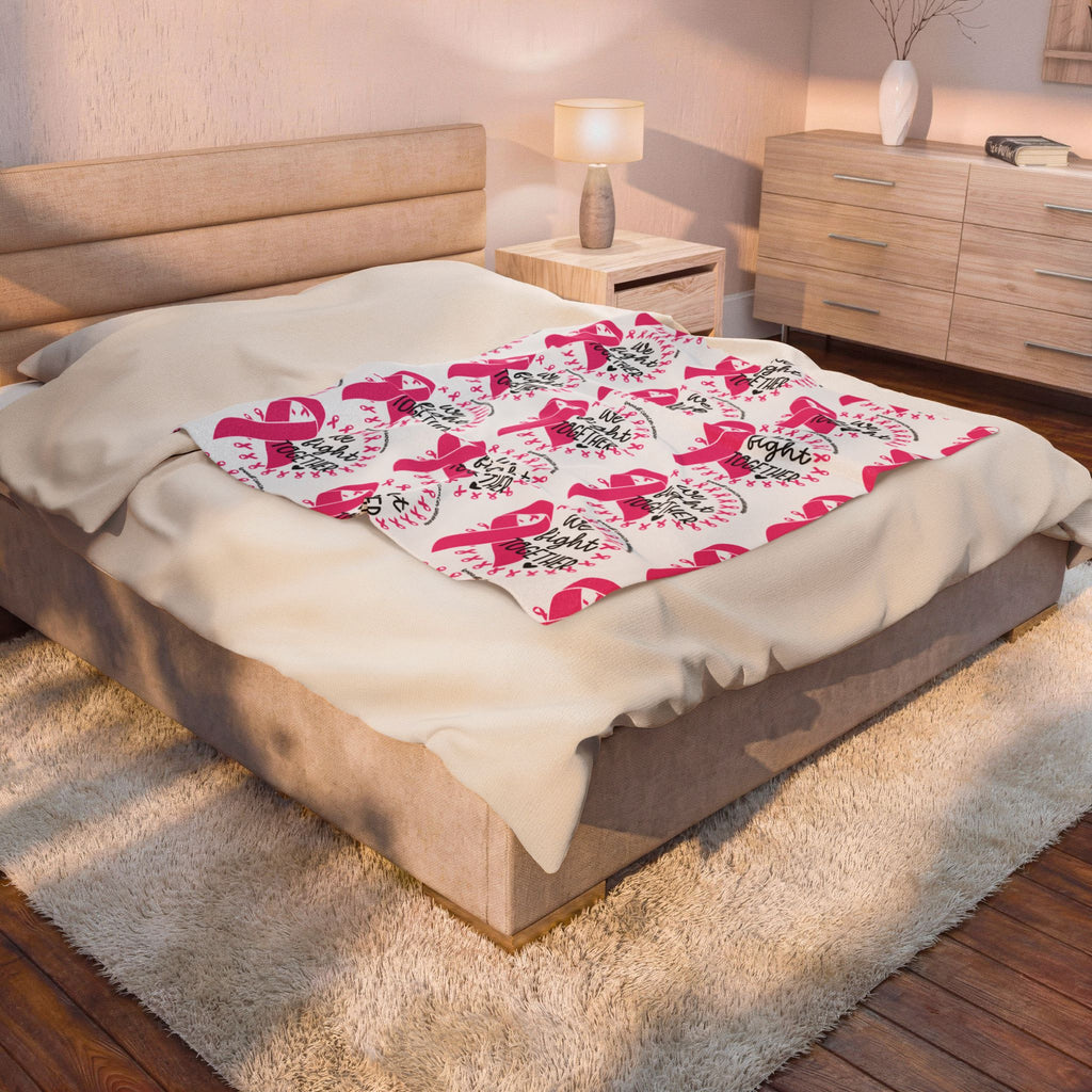 Breast Cancer Awareness Velveteen Plush Blanket – "We Fight Together" Pink Ribbon Throw