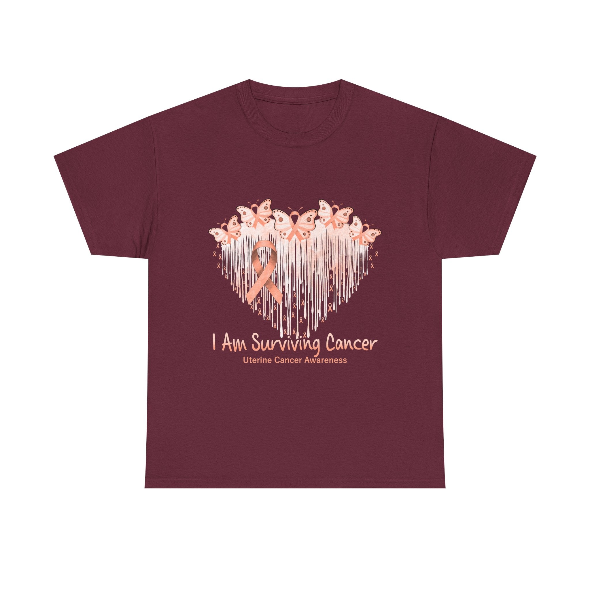 Uterine Cancer Awareness T‑Shirt - "I Am Surviving Cancer" Pink Ribbon Heart Tee