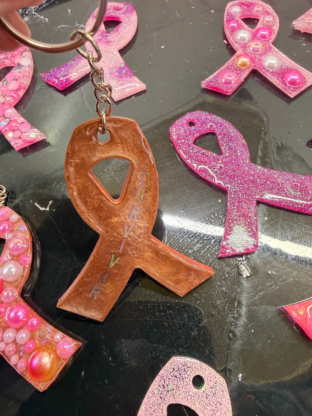 Breast Cancer Awareness Ribbon Resin Keychain