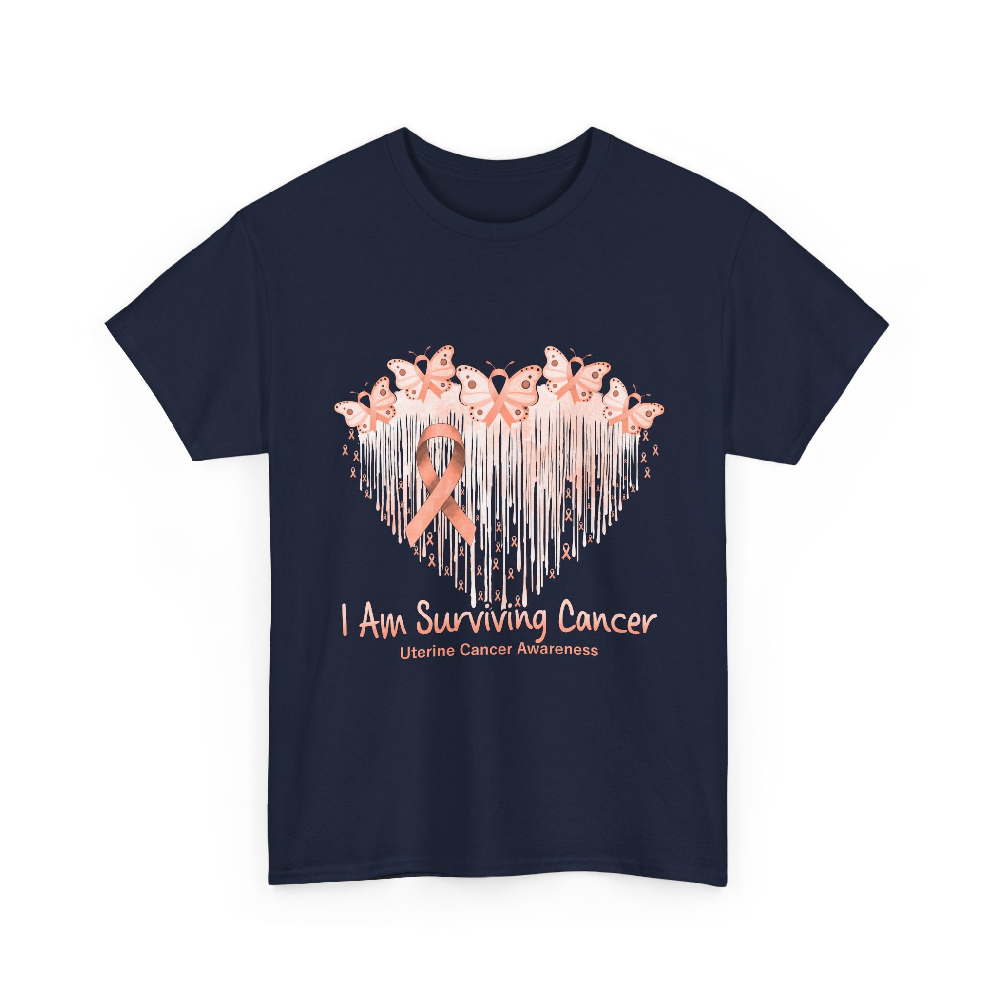 Uterine Cancer Awareness T‑Shirt - "I Am Surviving Cancer" Pink Ribbon Heart Tee
