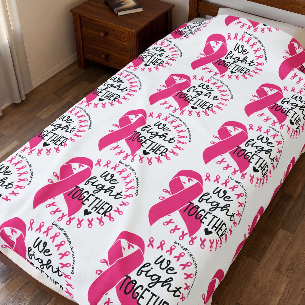 Breast Cancer Awareness Velveteen Plush Blanket – "We Fight Together" Pink Ribbon Throw