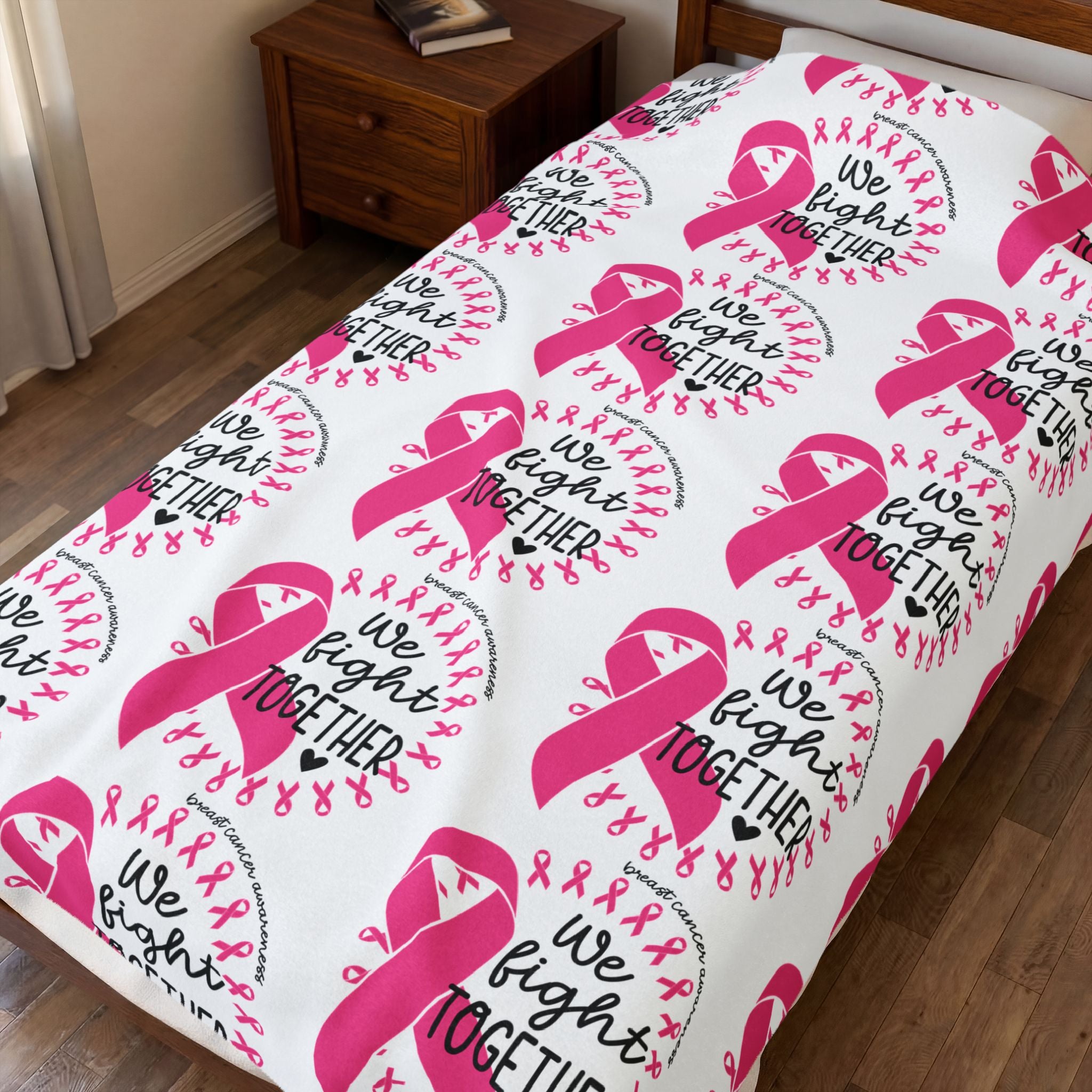 Breast Cancer Awareness Velveteen Plush Blanket – "We Fight Together" Pink Ribbon Throw