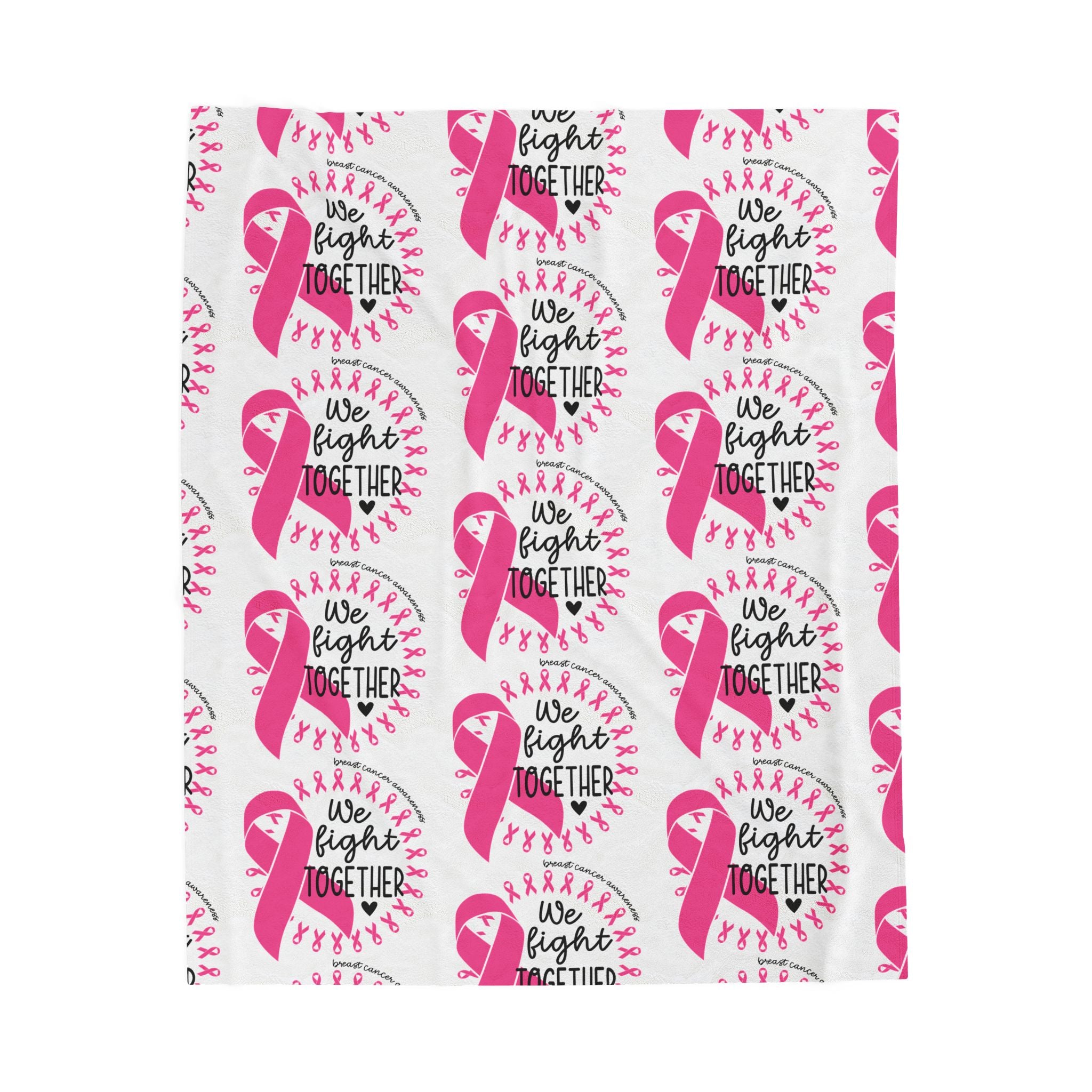 Breast Cancer Awareness Velveteen Plush Blanket – "We Fight Together" Pink Ribbon Throw