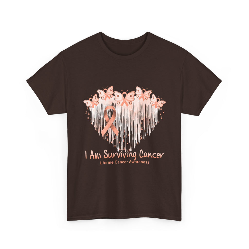 Uterine Cancer Awareness T‑Shirt - "I Am Surviving Cancer" Pink Ribbon Heart Tee