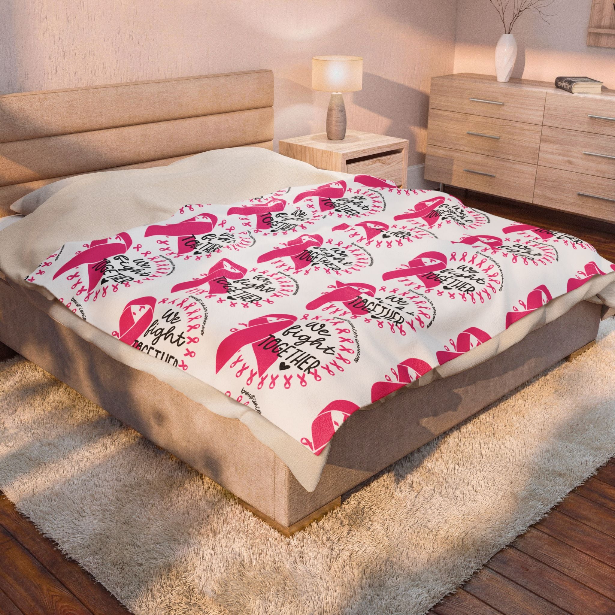Breast Cancer Awareness Velveteen Plush Blanket – "We Fight Together" Pink Ribbon Throw