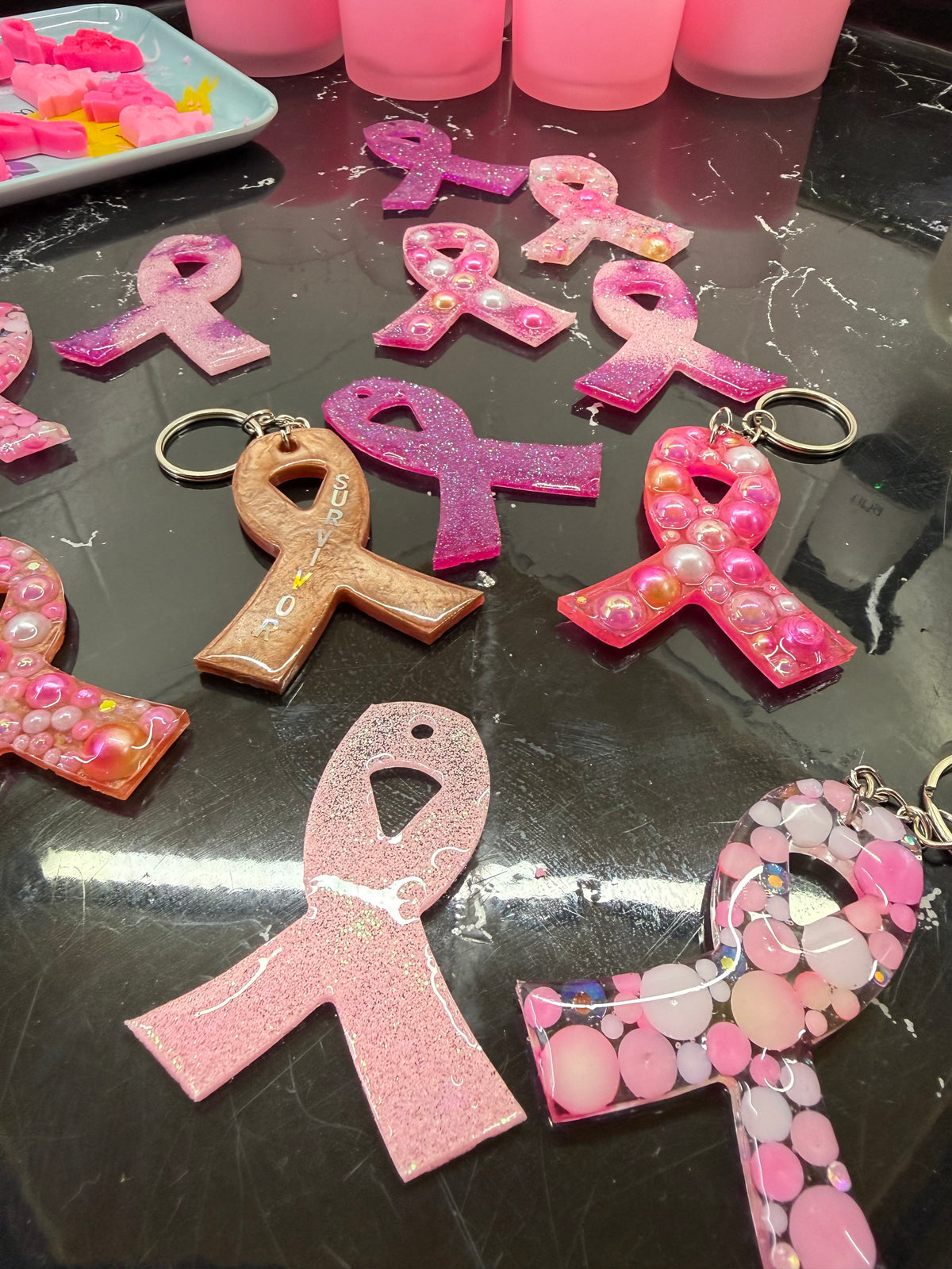 Breast Cancer Awareness Ribbon Resin Keychain